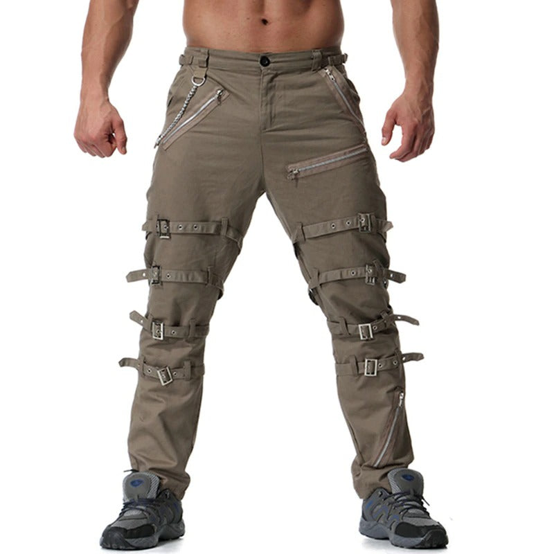 Khaki men's gothic cargo pants with zipper pockets and leg buckle details front