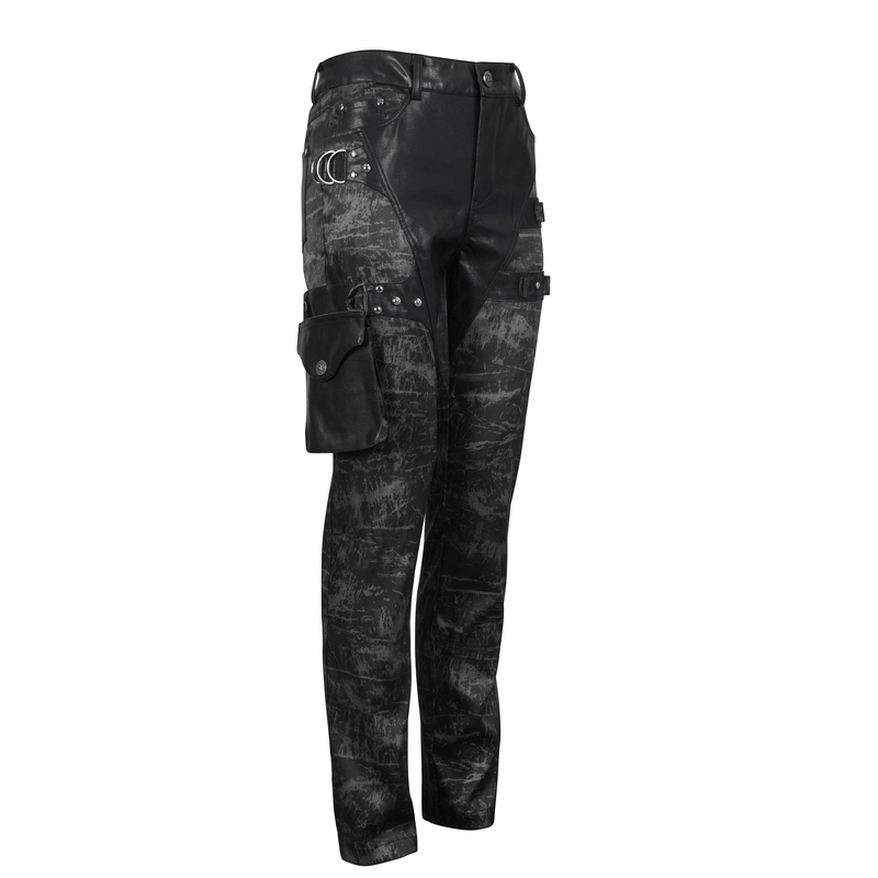 Black gothic punk trousers with crescent metal decor and detachable side pocket, left side angle view