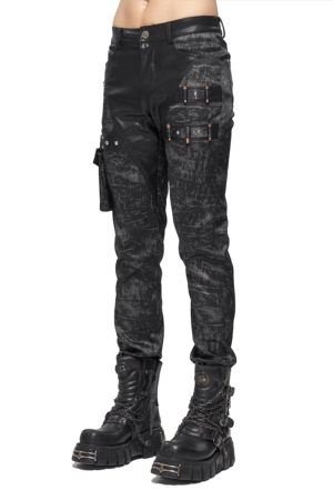 Men's black gothic punk cargo pants with detachable leather pocket and distressed detailing, front view worn with platform boots
