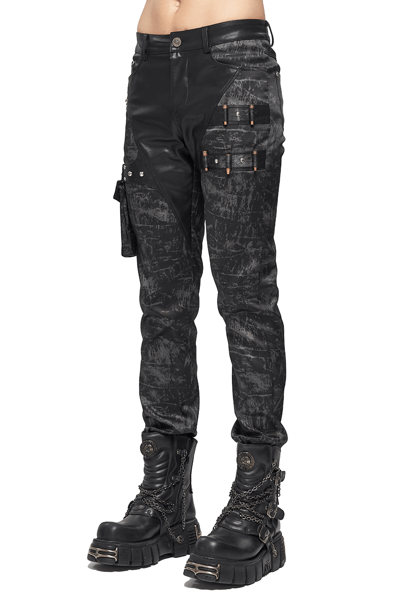 Men's black gothic punk cargo pants with detachable leather pocket and distressed detailing, front view worn with platform boots