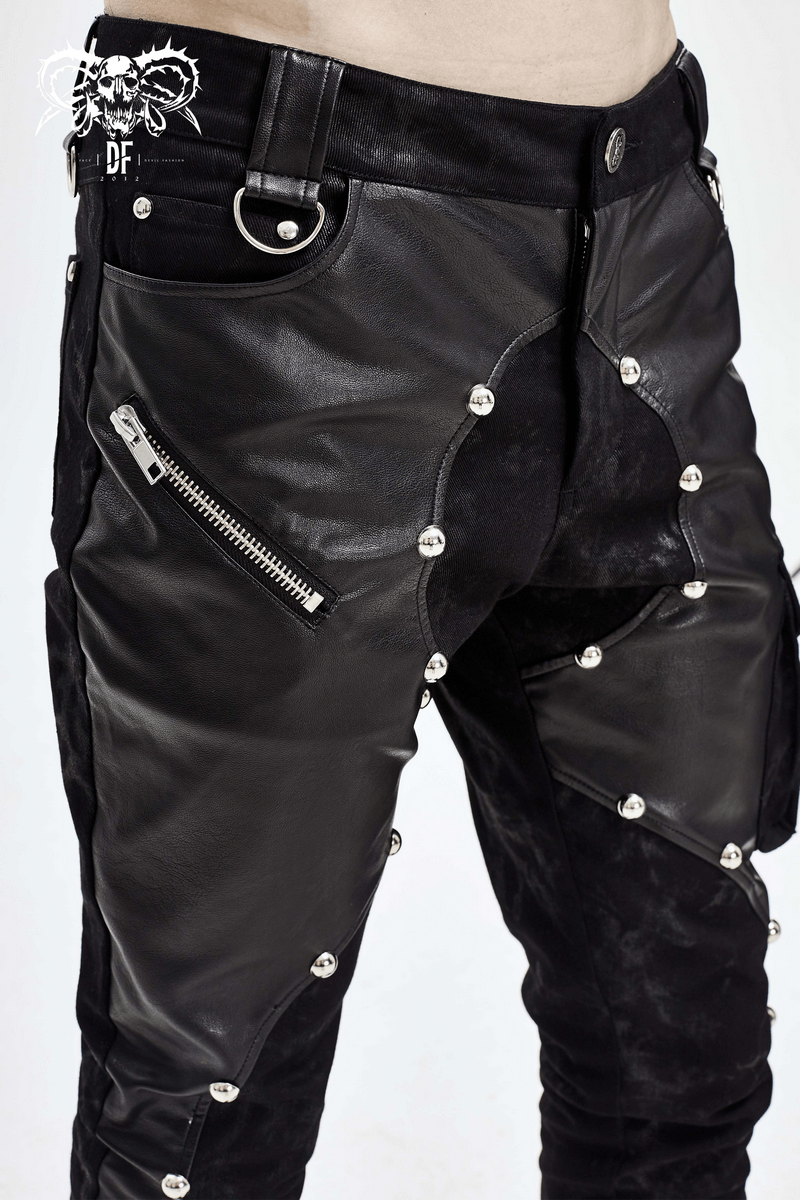 Punk style leather pants side view - showing fitted silhouette and faux leather panel construction with rivets