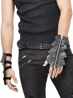 Two variations of gothic fingerless gloves displayed side-by-side, featuring distressed leather, metal zippers and embossed rivet details