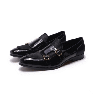 Black Gothic Double Buckle Patent Leather Loafers - Three-Quarter Front View with Gold Hardware