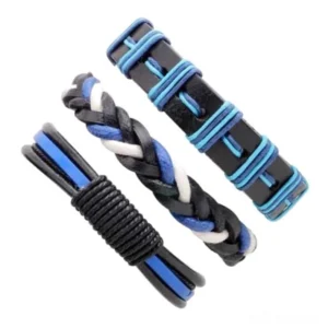 Three-piece punk leather bracelet collection - oblique angle view displaying mixed braided and flat leather styles in black and blue