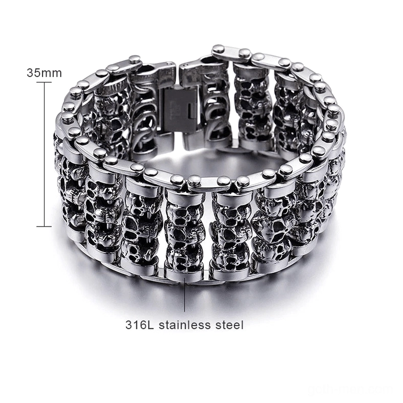 316L surgical stainless steel gothic skull bracelet with size reference measurement 35mm