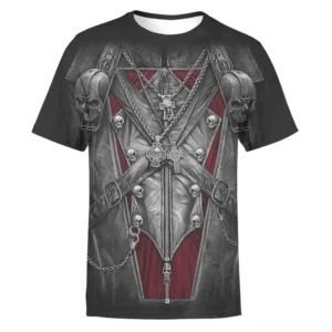 3D skull gothic t-shirt front view with cross chain and faux leather print design in black with red accent panel