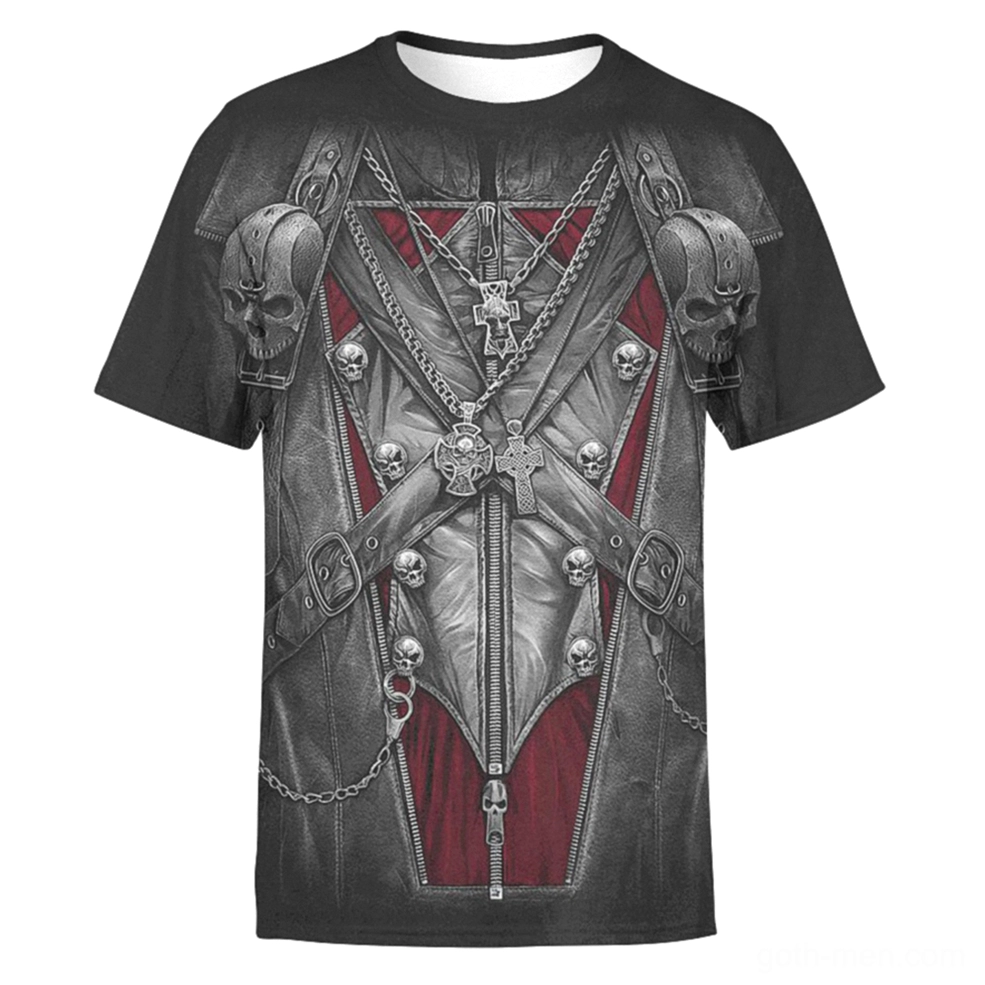 3D skull gothic t-shirt front view with cross chain and faux leather print design in black with red accent panel