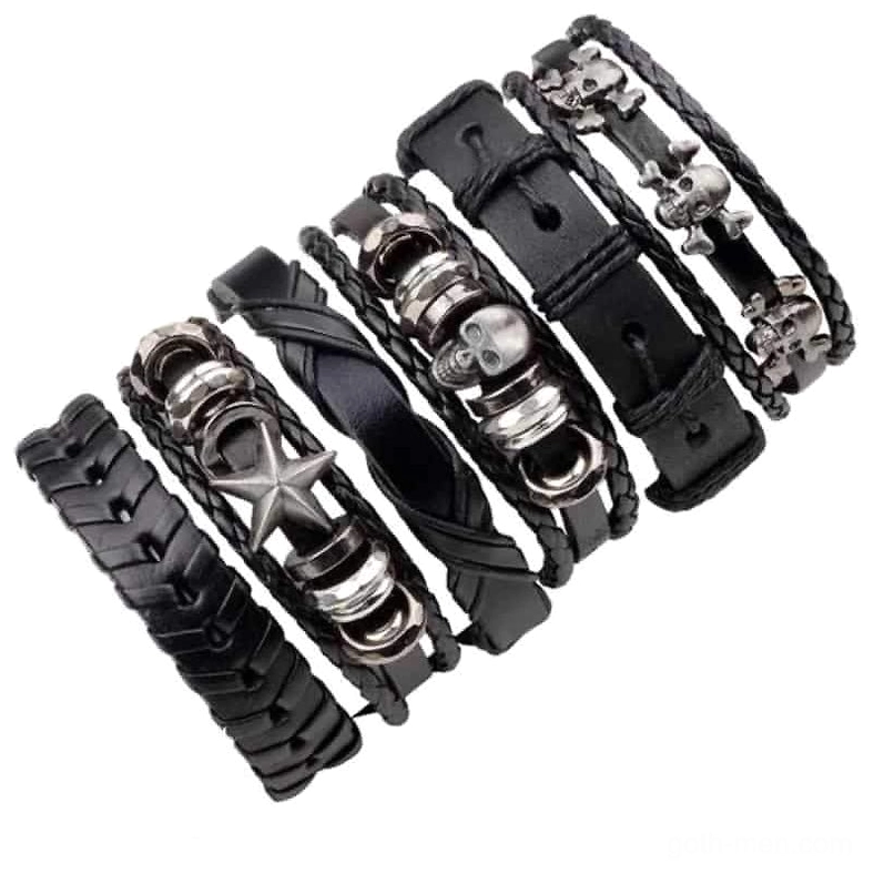 Six piece gothic leather bracelet collection with varied skull and star designs top view