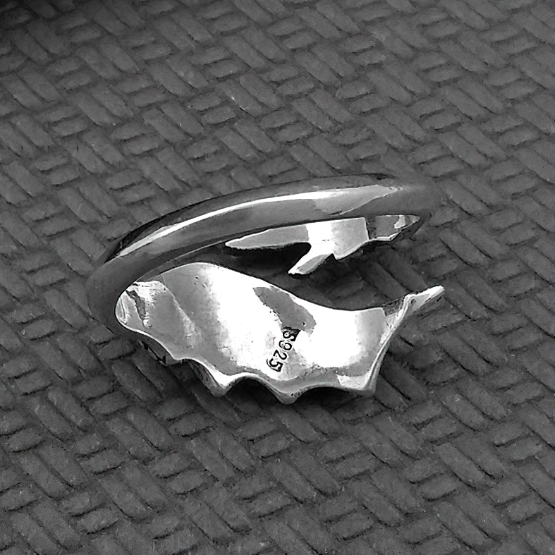 Sterling silver gothic ring top-down close-up view showing S925 silver hallmark and smooth polished interior band