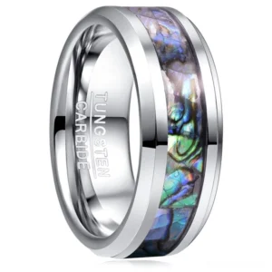Abalone inlay stainless steel gothic ring front oblique view with iridescent shell detail