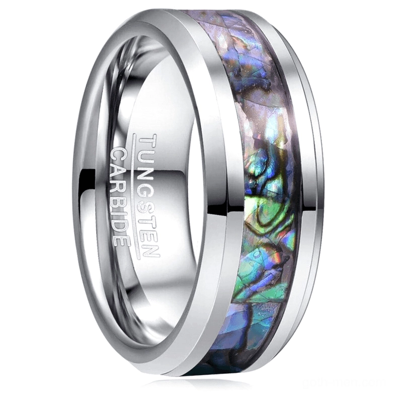 Abalone inlay stainless steel gothic ring front oblique view with iridescent shell detail