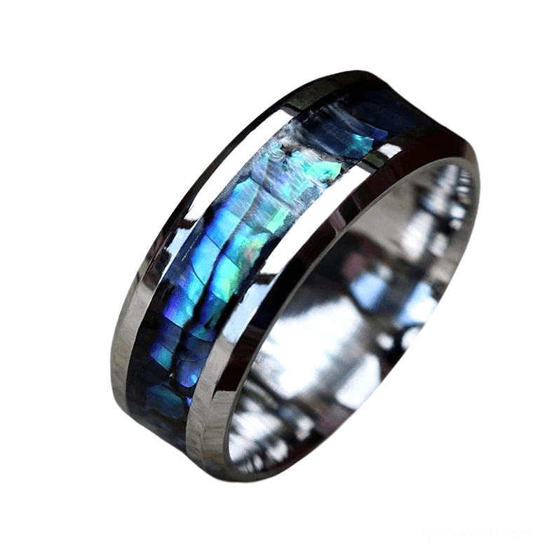 Polished stainless steel gothic ring side view showing beveled edges and abalone shell inlay