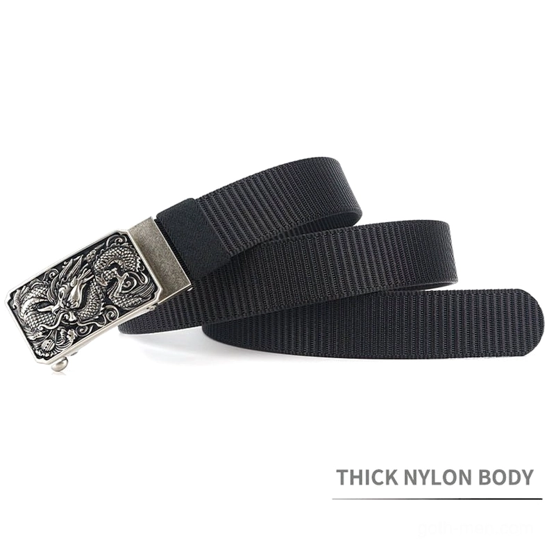 Adjustable dragon tactical belt showing full length nylon webbing and secure buckle fastening mechanism