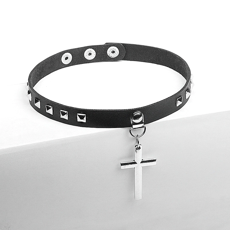 Black PU leather cross choker with snap fasteners - side table display