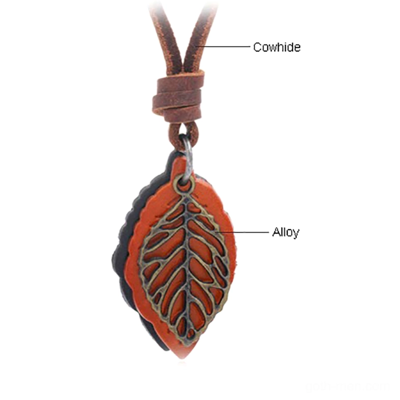 Adjustable vintage leather leaf pendant necklace showing wrap-around strap and layered leaf pendant with knot closure - side flat lay