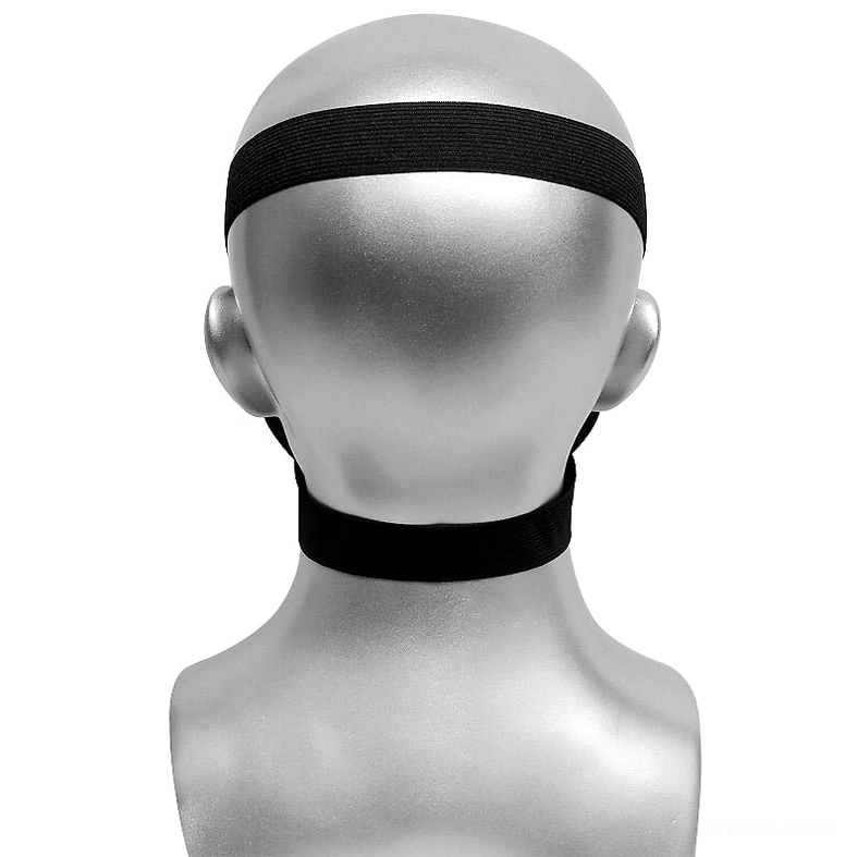 Black mask rear view showing elastic securing straps and metal adjustment clasps for head circumference
