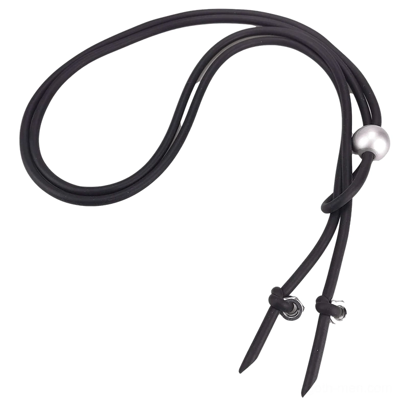 Black cord gothic necklace with knotted adjustable ends and spherical pearl accent, product angle detail