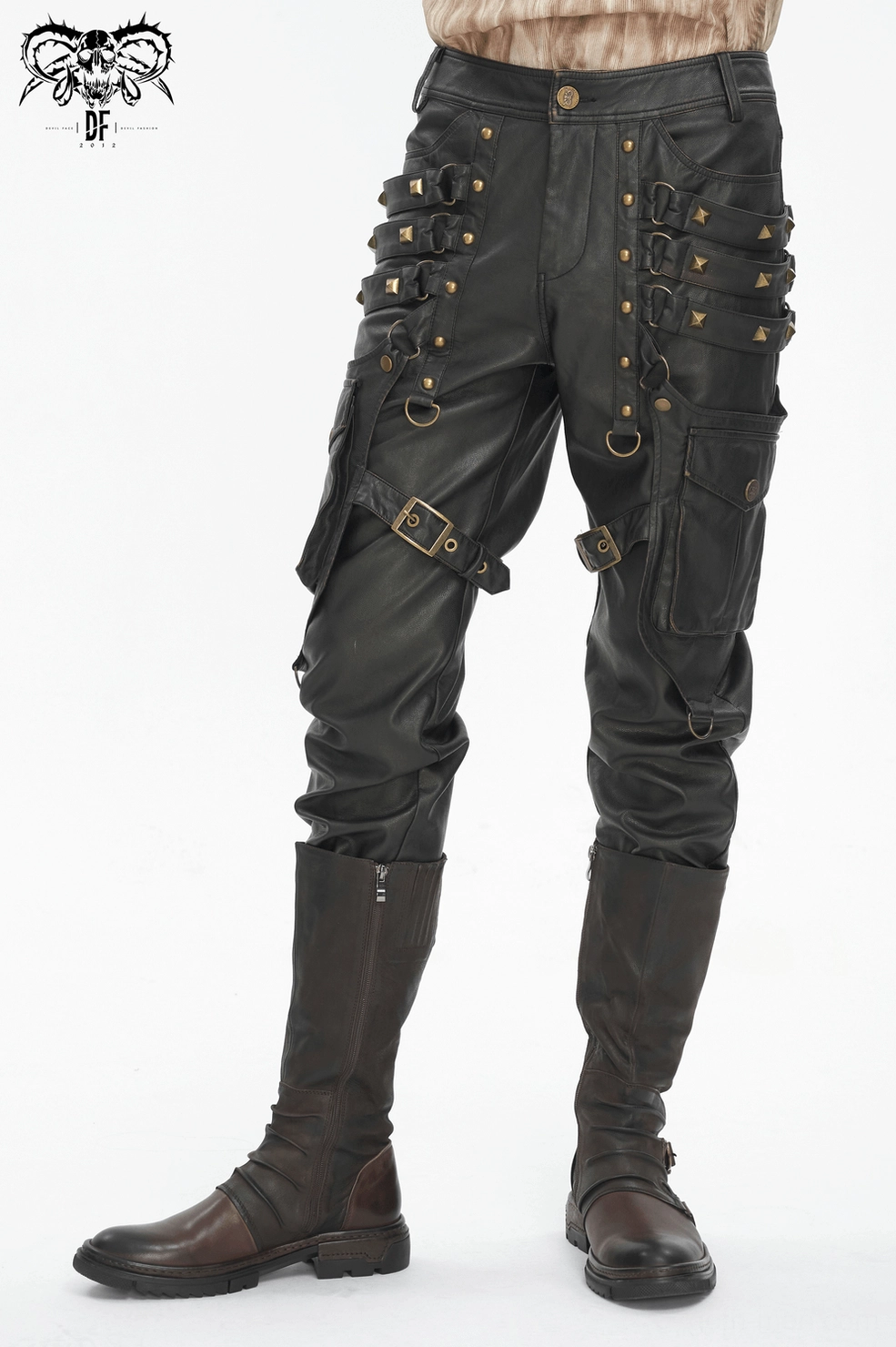 Detail view of adjustable strap system and d-ring hardware on gothic cargo pants thigh area