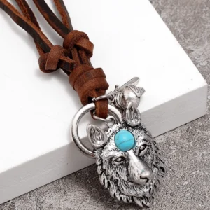Brown genuine leather rope necklace with knotted double strands and silver wolf charm, side view