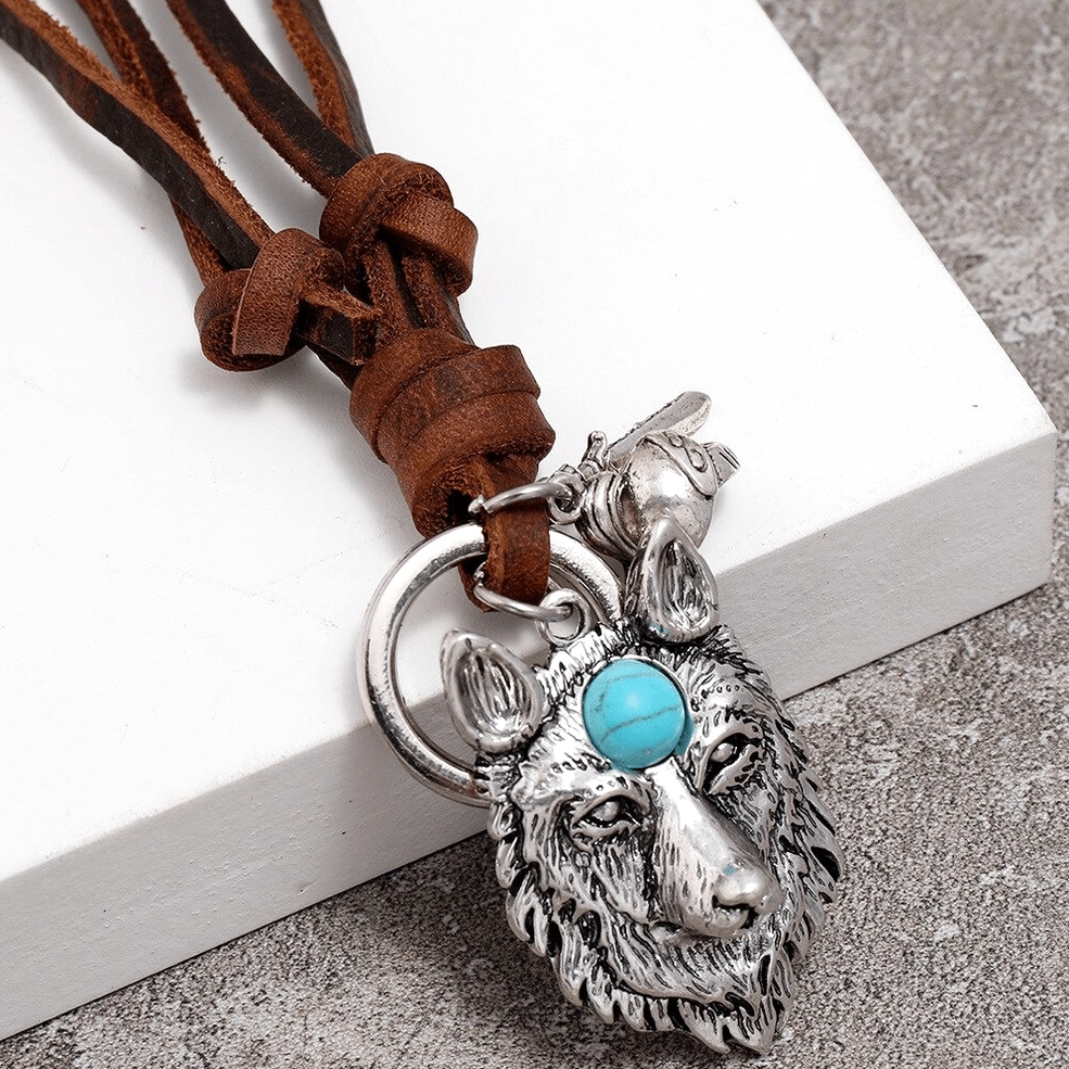Brown genuine leather rope necklace with knotted double strands and silver wolf charm, side view
