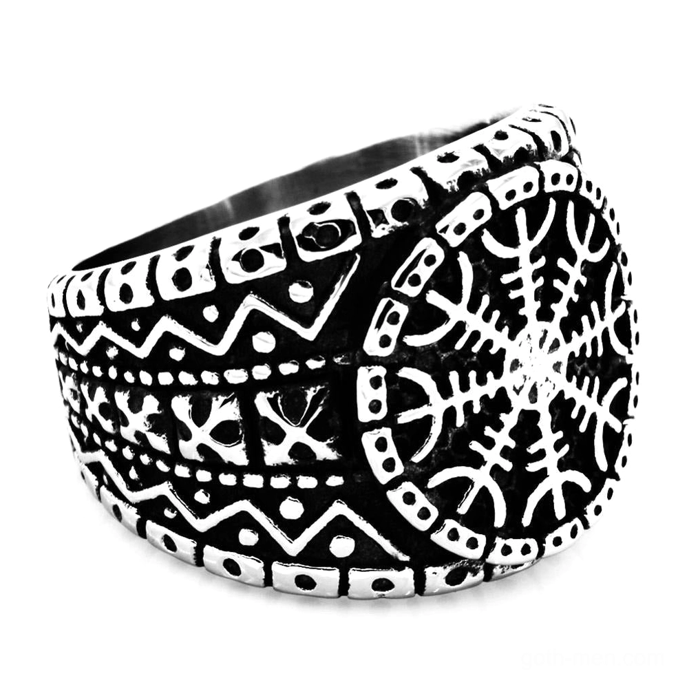 Aegishjalmur stainless steel gothic protection ring - side view showing engraved helm of awe rune symbol