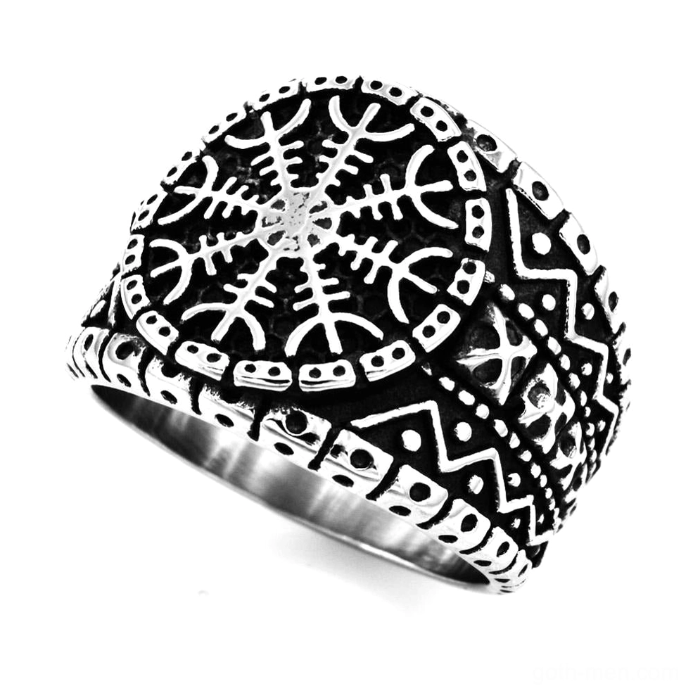 Aegishjalmur signet ring right-side low angle - circular rune and geometric border design
