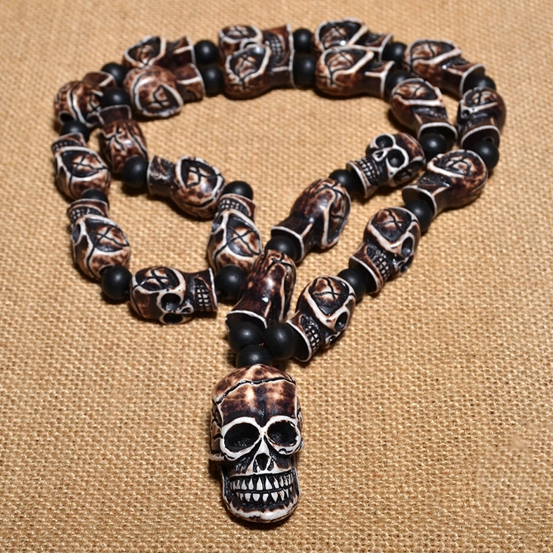 Aged bone effect skull beads gothic necklace memento mori style