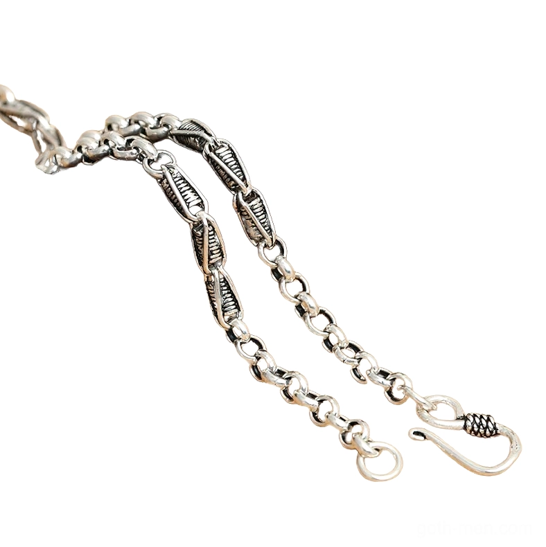 925 sterling silver chain necklace with parallel twisted links and aged patina finish, side angle view with fishhook clasp visible