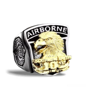 Airborne 101st Eagle Gothic Military Ring - Front Two-Tone Stainless Steel View with Screaming Eagle Design