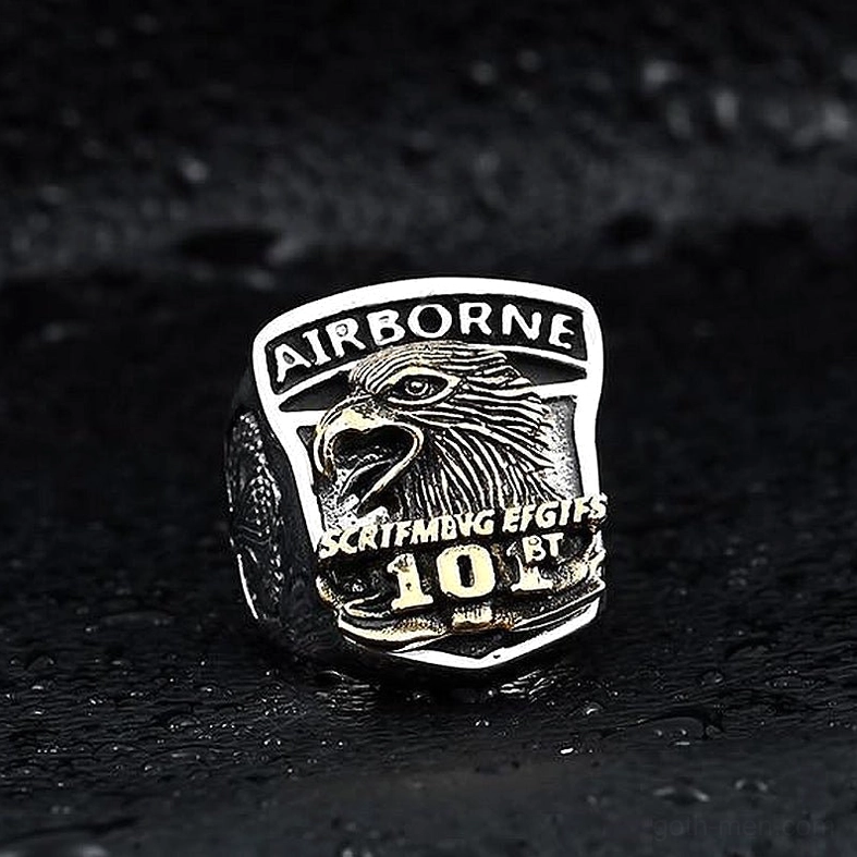 Airborne 101st Eagle Gothic Stainless Steel Ring - Monochrome Vintage Finish Front View