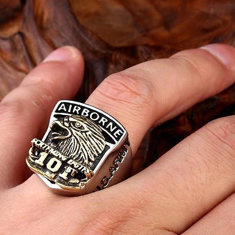 Airborne 101st Eagle Gothic Ring - Worn on Finger Close-Up Showing All Engraved Military Details
