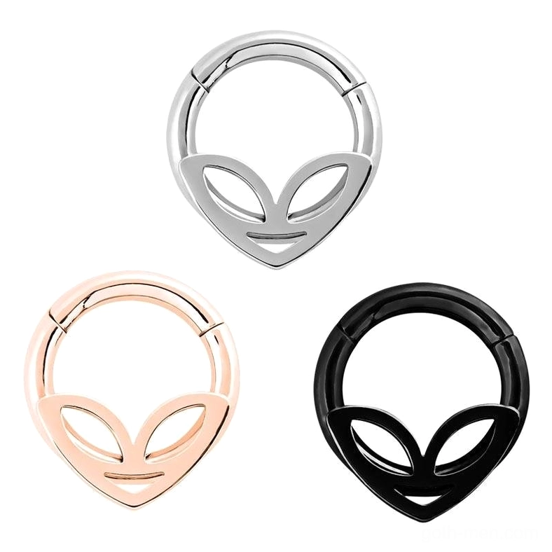 Three-piece alien clicker nose ring set - silver, black, rose gold flat lay display of hinged rings