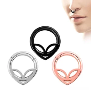 Alien head clicker nose ring worn on female nose - silver, black, and rose gold color options displayed with hinged segment design