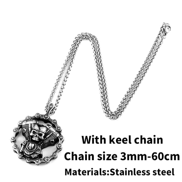 Alternate chain skull engine gothic pendant stainless steel 60cm necklace