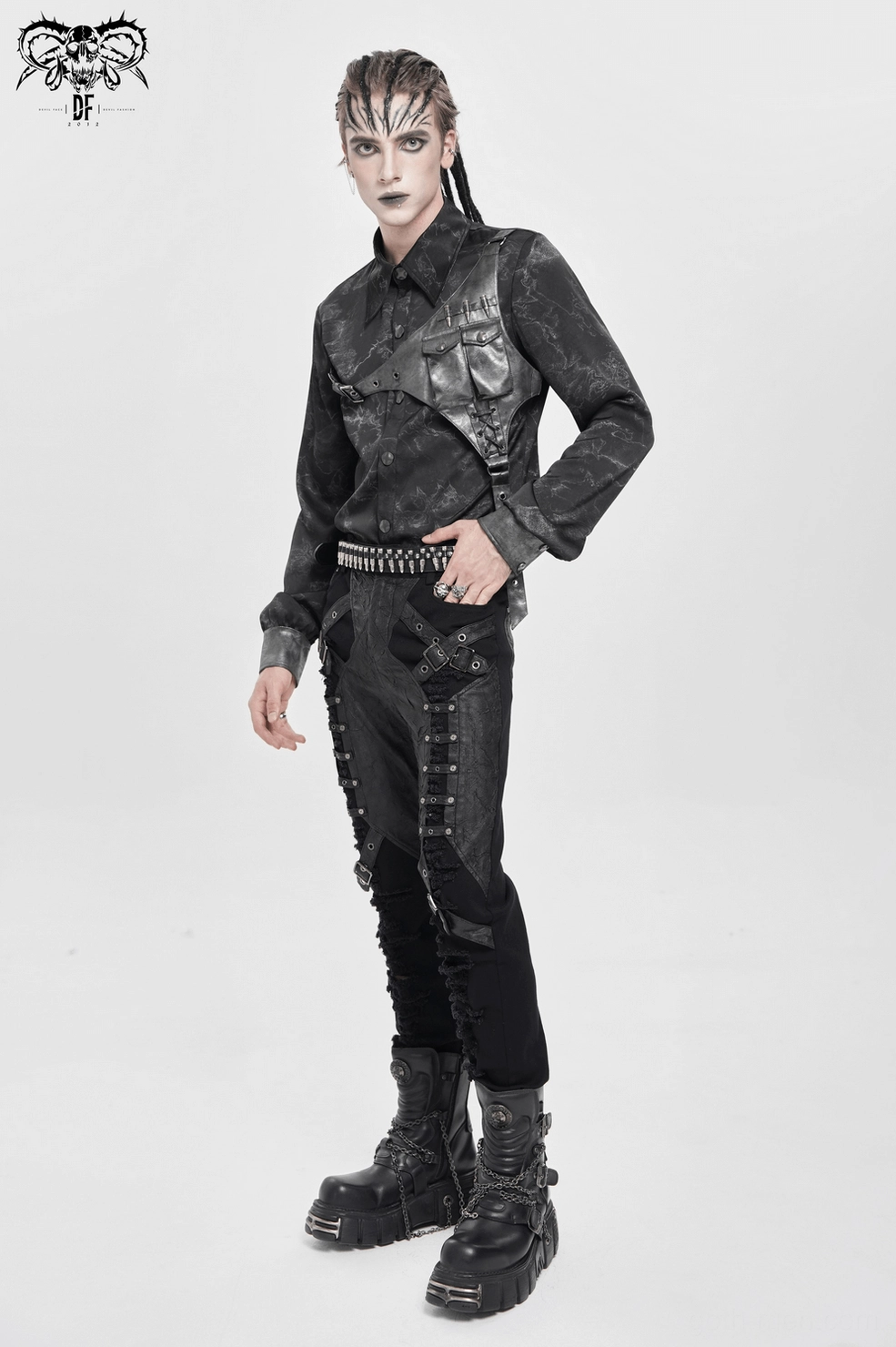 Alternative angle of asymmetrical PU leather harness on black gothic button-up shirt