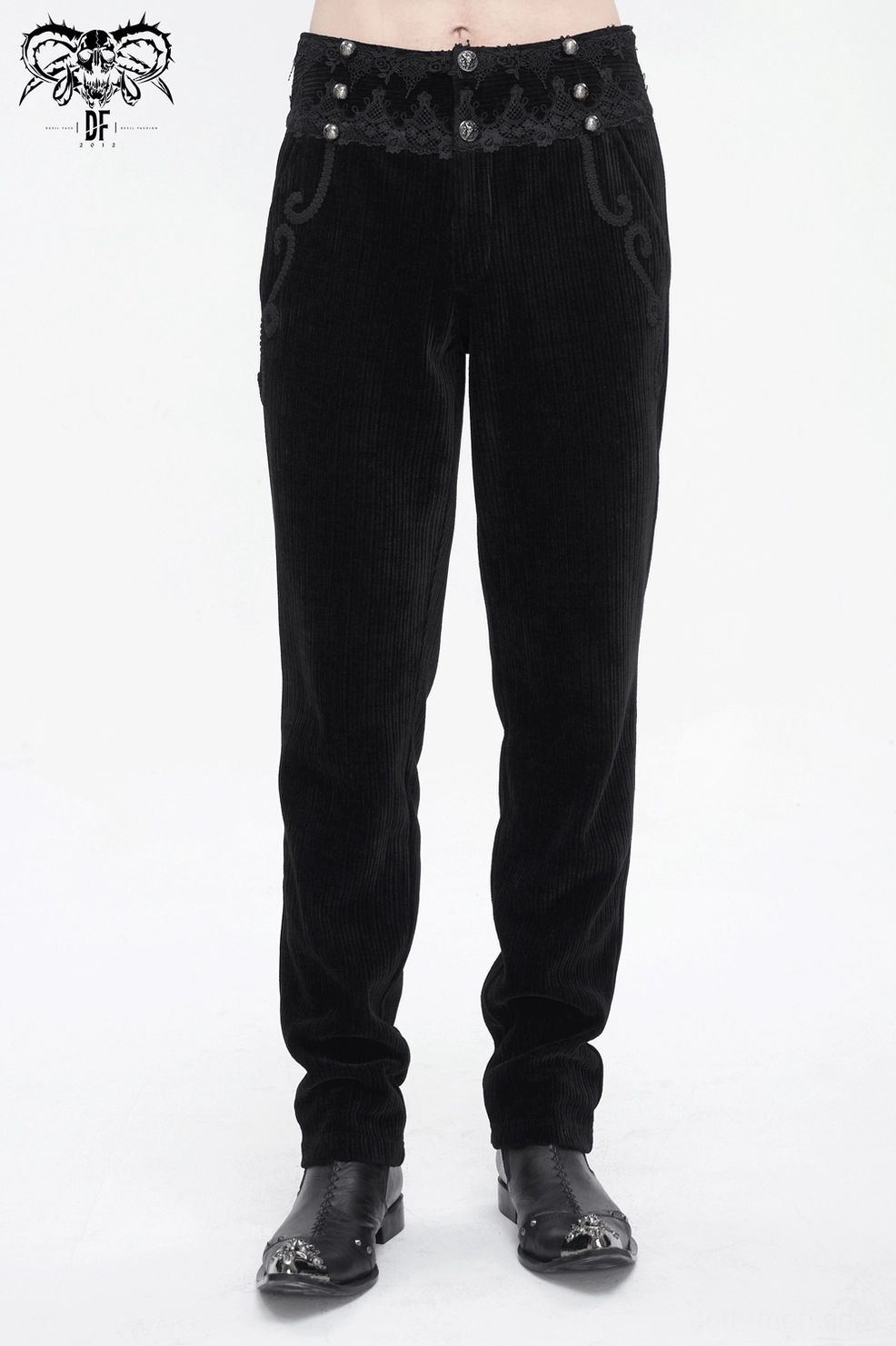 Black corduroy alternative fashion pants with intricate lace waistband and ornamental detail styling