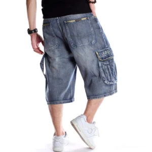 Gothic men's baggy denim capri shorts rear perspective - back patch pockets and side utility cargo pocket