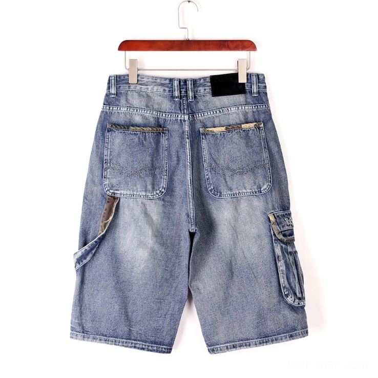 Baggy denim cargo capris back view flat lay - waistband with brand label and side cargo pocket