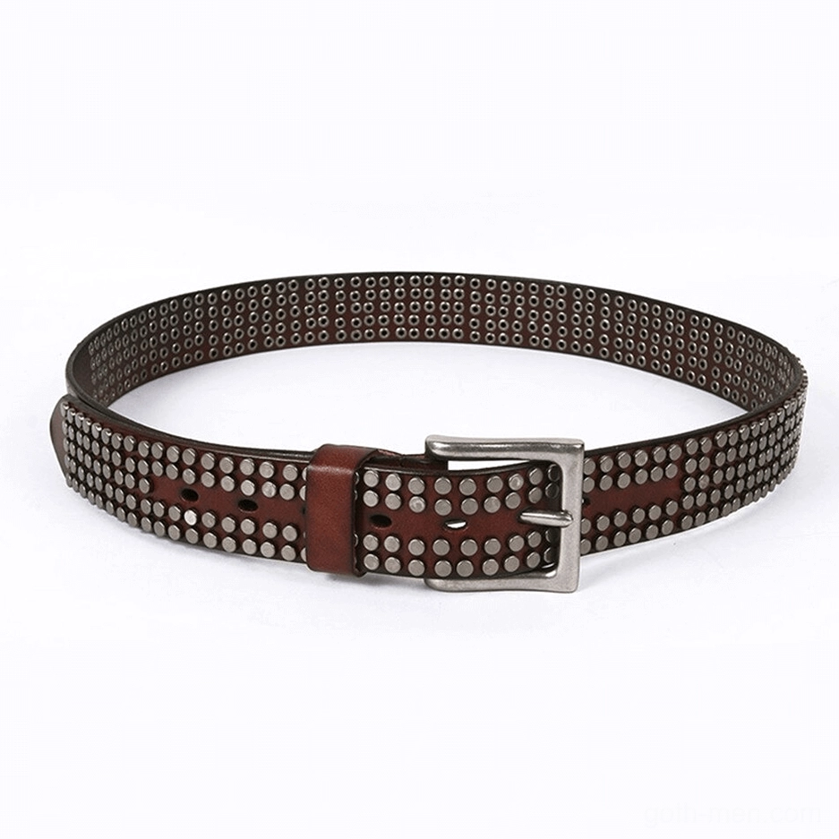 Brown leather alternative fashion belt with substantial silver rectangular buckle design