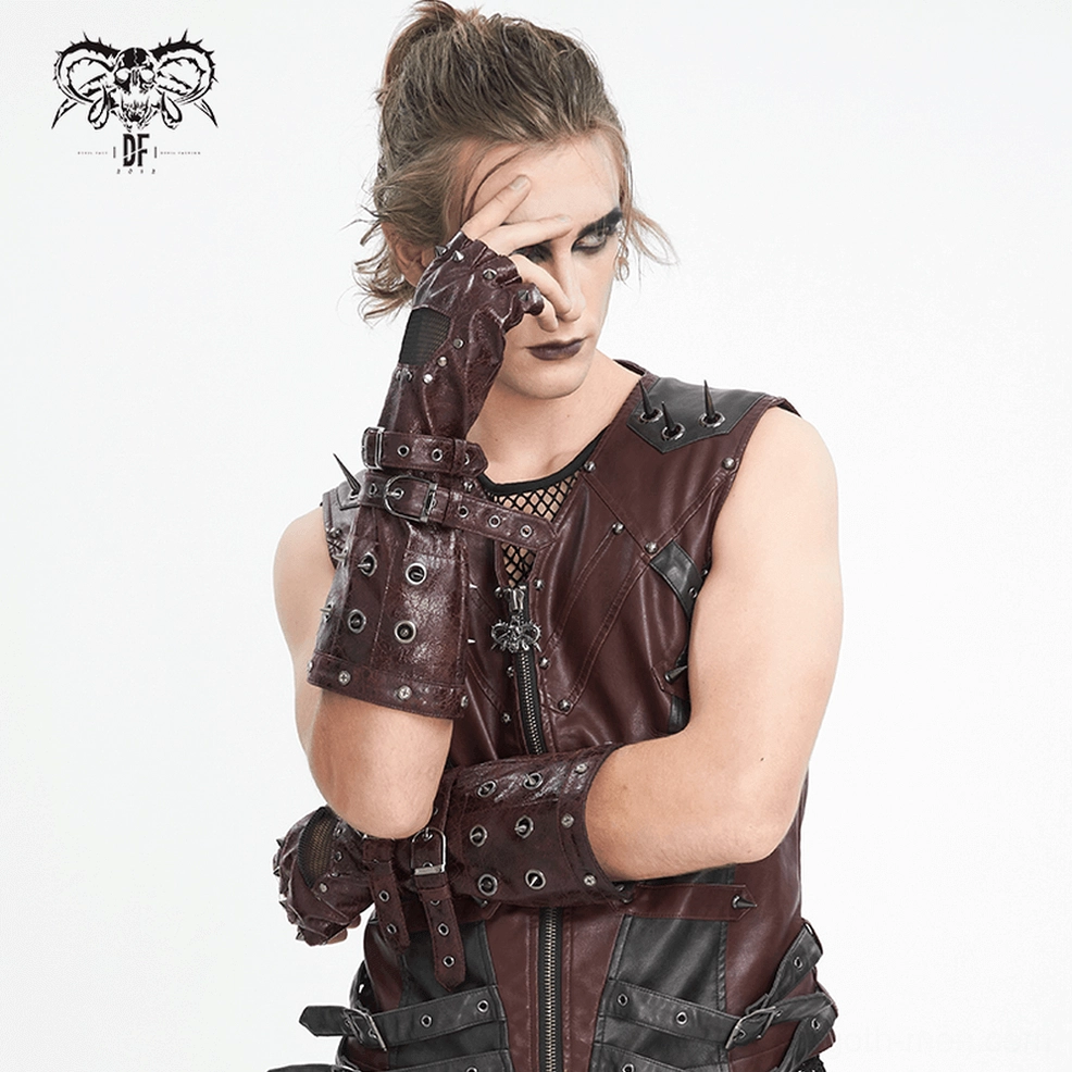 Alternative fashion gothic gauntlet gloves product shot displaying mesh palm panels, metal hardware, and burgundy-brown faux leather material
