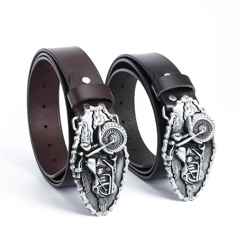 Pair of motorcycle-themed leather biker belts laid out showing brown and black straps with vintage silver motorcycle wheel buckles