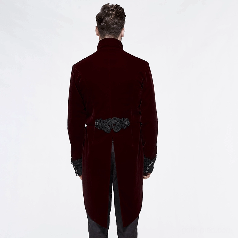 Alternative fashion men's steampunk coat displayed on form showing complete tailcoat structure and wine red velvet richness