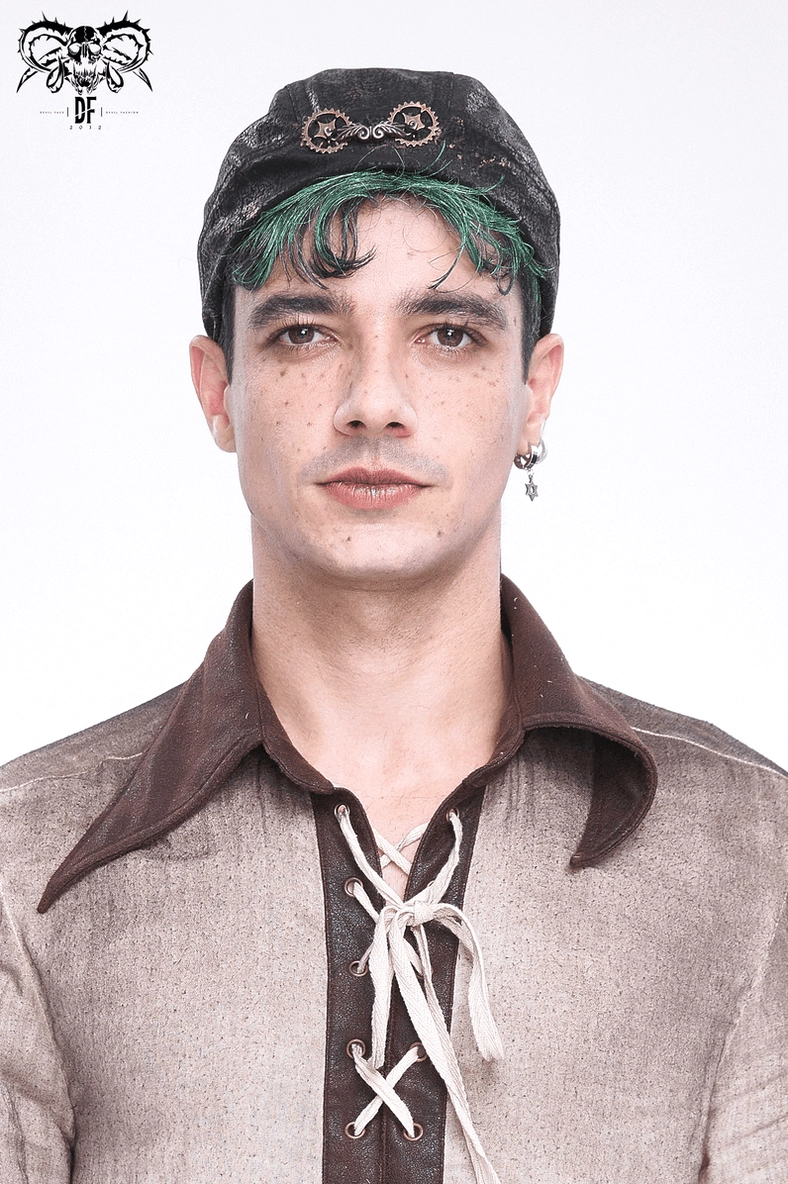Alternative fashion steampunk head wrap showing marbled texture and mechanical gear design for men