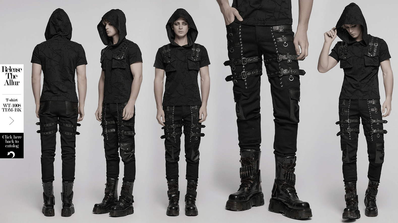 Alternative fashion studded goth pants showcasing pyramid stud details, adjustable straps, and cargo pocket placement