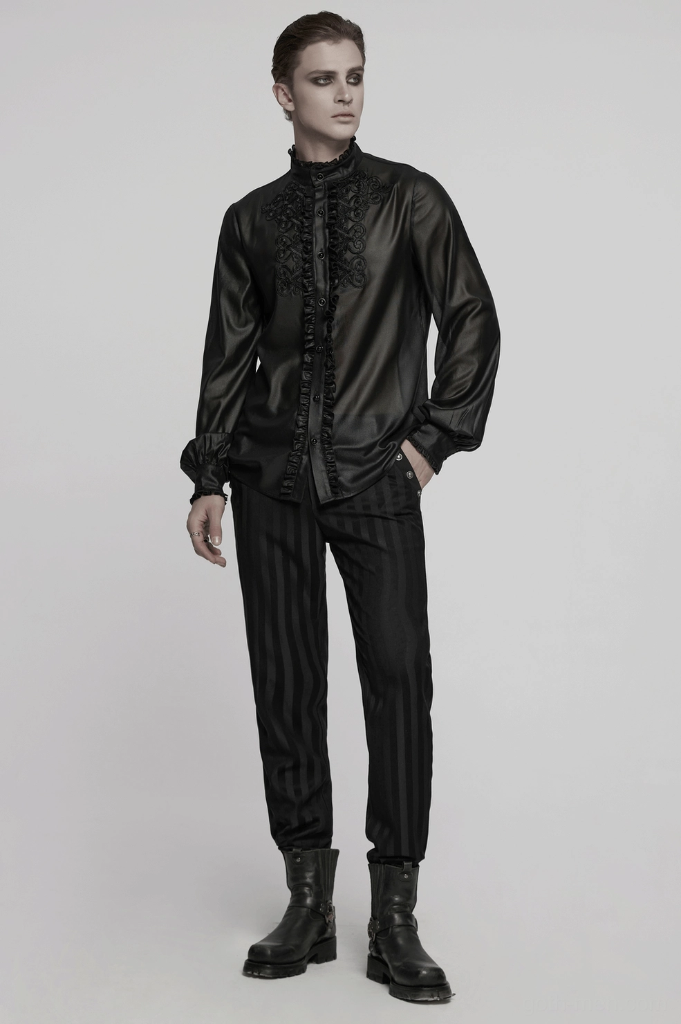 Alternative fashion men's gothic chiffon shirt with dramatic ruffles and Victorian-inspired design elements