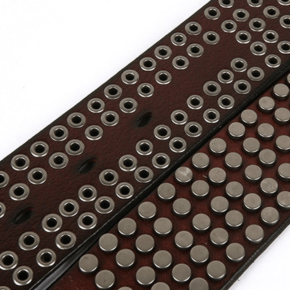 Alternative style leather belt with decorative rivets and silver buckle hardware detail