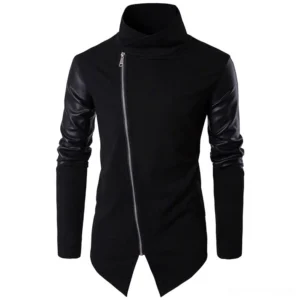 Black gothic cardigan for men with leather sleeve panels and ruched cuffs, right front perspective view