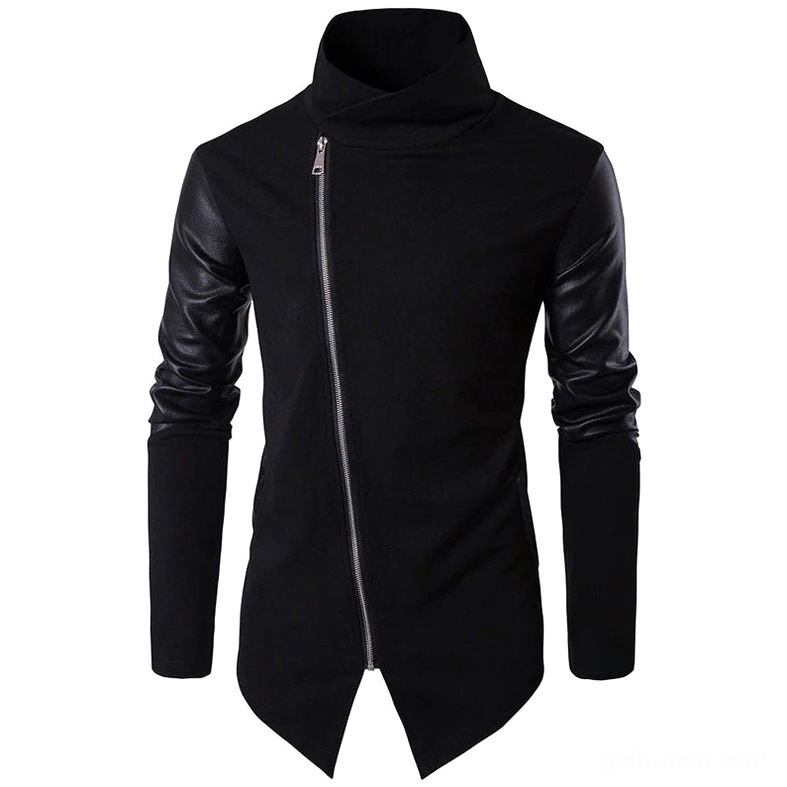 Black gothic cardigan for men with leather sleeve panels and ruched cuffs, right front perspective view