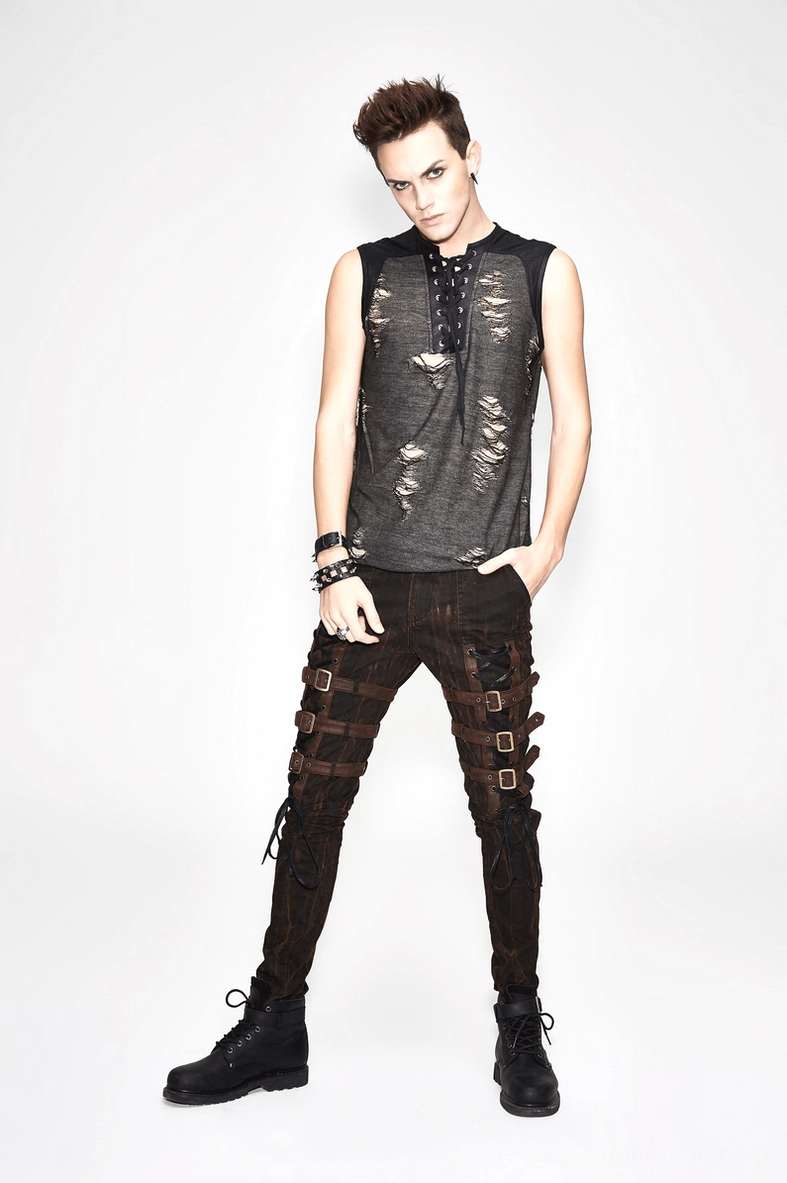 Full body view of alternative mens tank top styled with brown buckled pants and black boots for gothic aesthetic