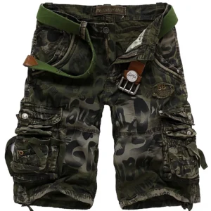 Army green camouflage cargo shorts for men featuring embroidered badge detail and green tactical belt